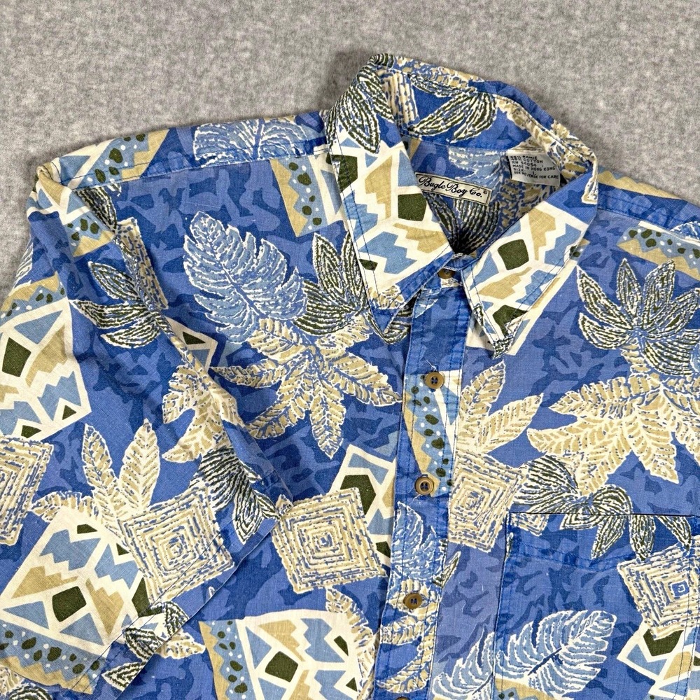 Bugle Boy Co. Men's L Blue Floral Woven Ramie Cotton Short Sleeve Button-Up